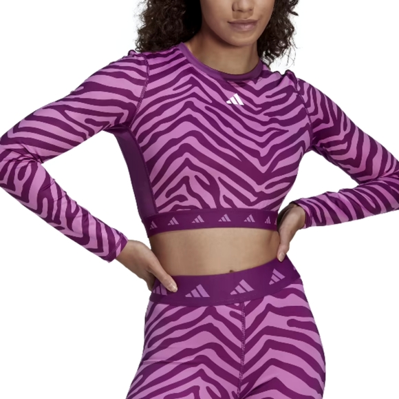 NWT Adidas Pulse Lilac Multicolor Zebra Hyperglam Techfit Crop Long Sleeve Top M - Picture 1 of 6